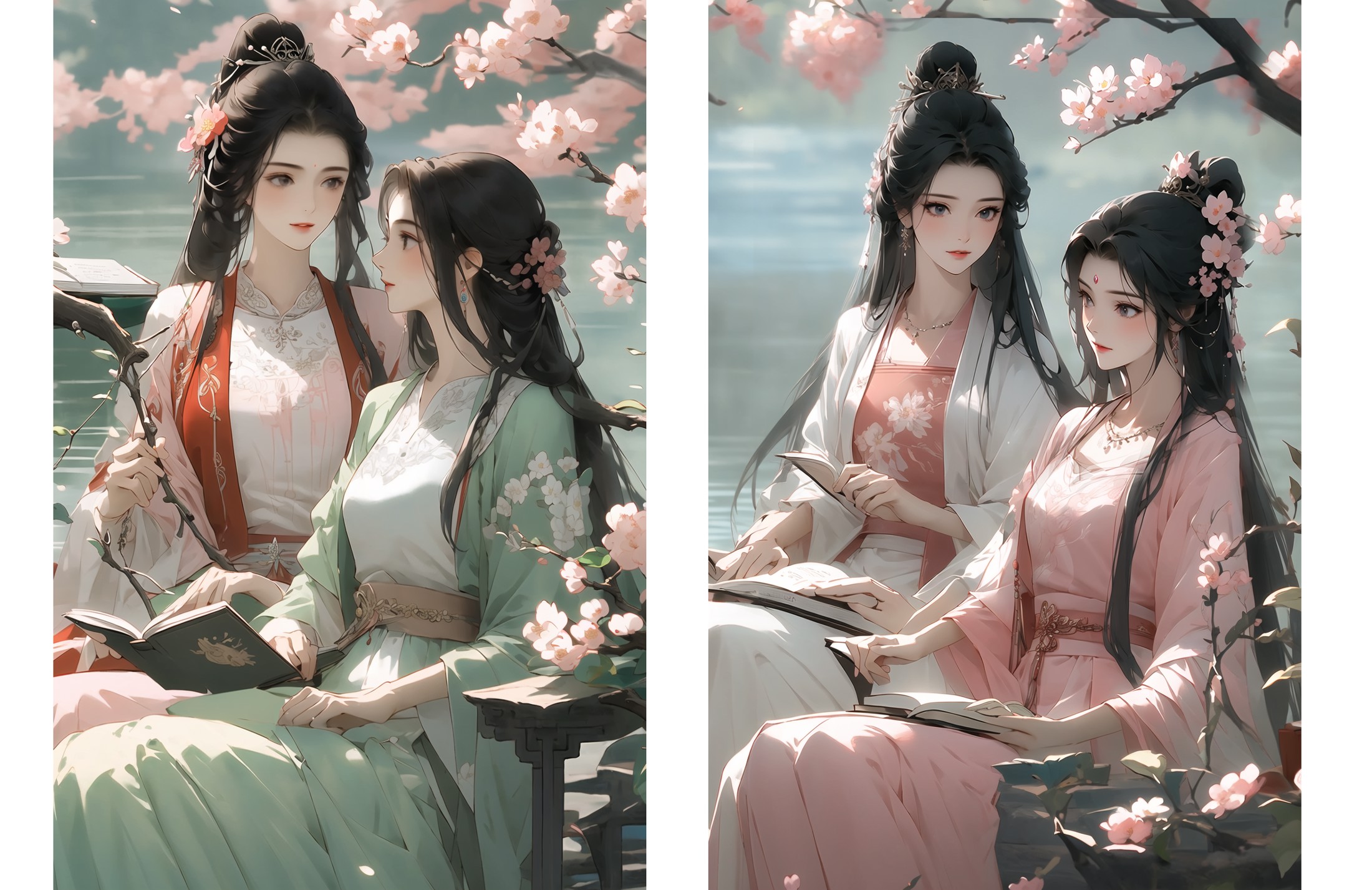 18628-3178929184-2girls, flower, sitting, multiple girls, long hair, dress, black hair, chinese clothes, hanfu, long sleeves, water, book, branch(3).png